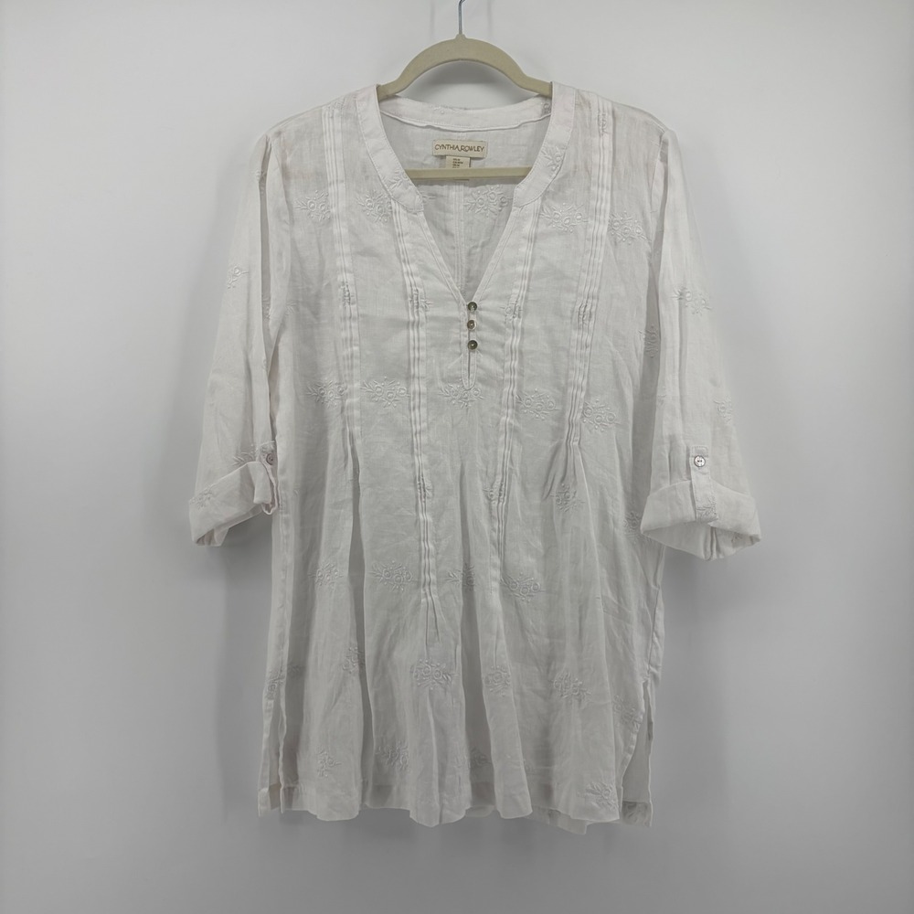 Cynthia Rowley Womens‎ Medium White Linen Tunic Embroidered Pintuck Boho Top